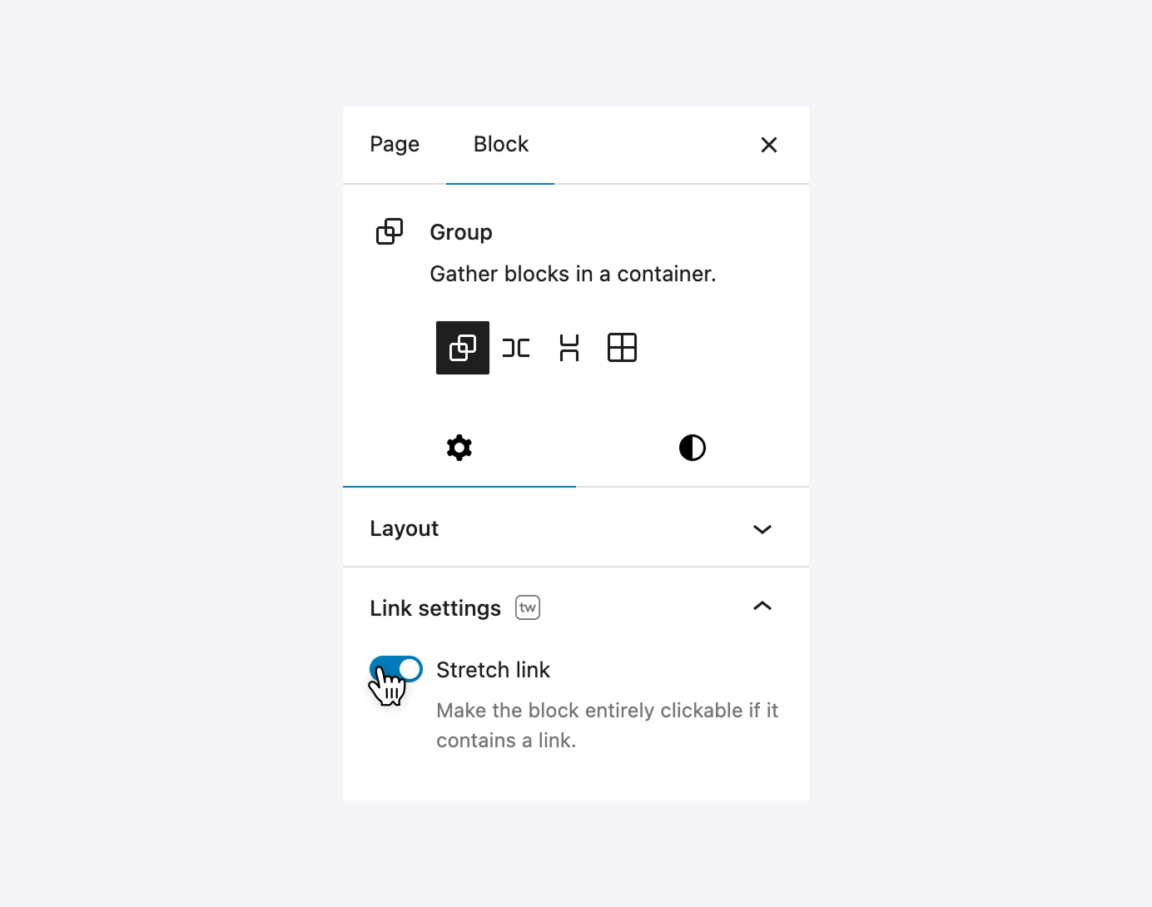 The "Stretch link" control within the Twentig Link settings panel, used to add a link to a WordPress group block.