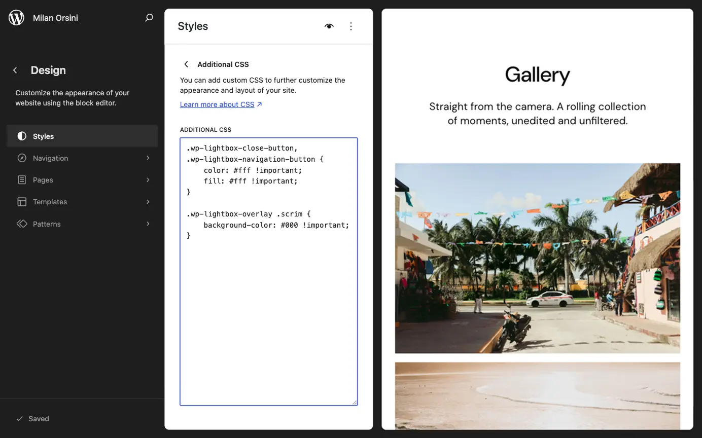 WordPress Site Editor Additional CSS panel with custom lightbox colors.