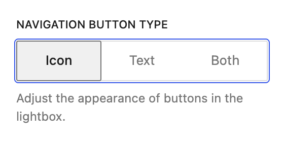 Navigation button type options for the WordPress gallery block lightbox: Icon, Text, and Both