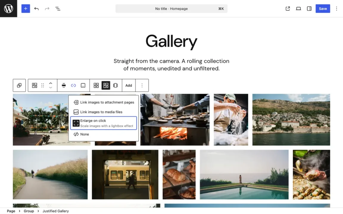 Twentig Justified Gallery block with the WordPress lightbox enabled