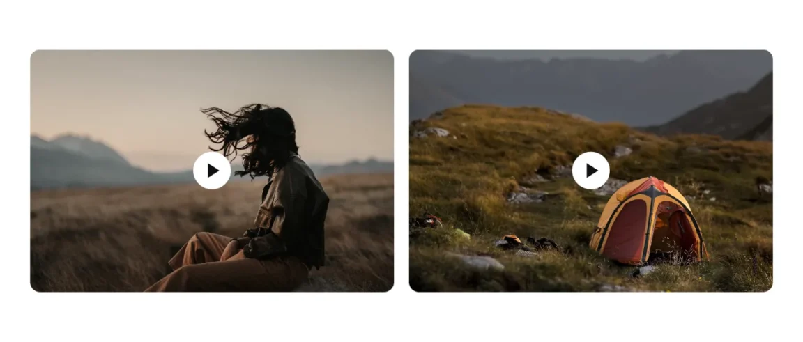 Two-column image grid with icon-only play buttons centered over each photo.