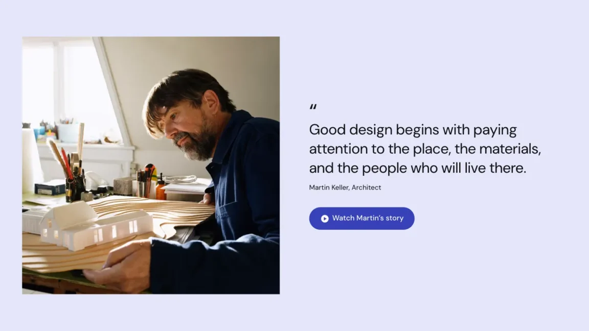 Two-column testimonial layout with a quote and a Watch story video button.