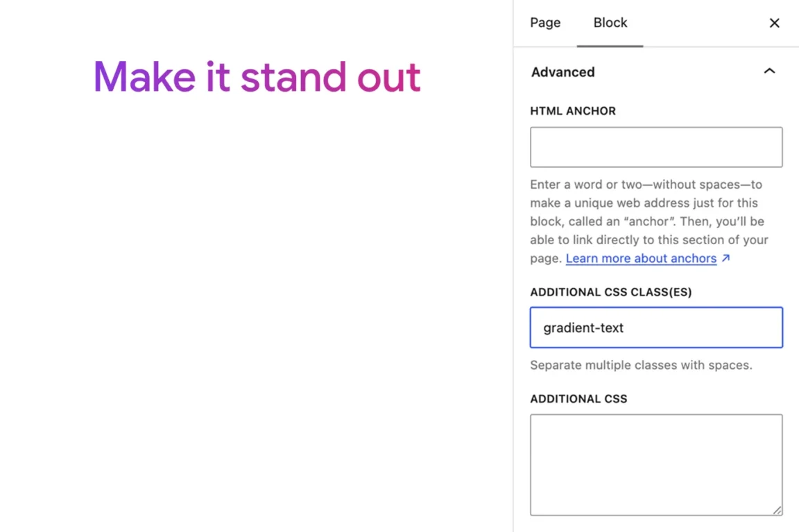 Heading with gradient text in the WordPress block editor and the gradient-text class in the Additional CSS class(es) field.