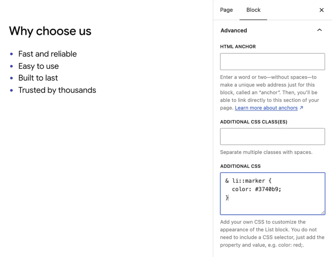 Additional CSS field in the Advanced panel of the WordPress block inspector, with marker styling for a List block.