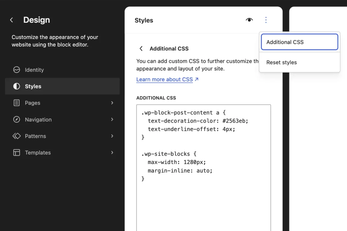 Additional CSS field in the WordPress Site Editor Styles panel with custom CSS for links and site width.