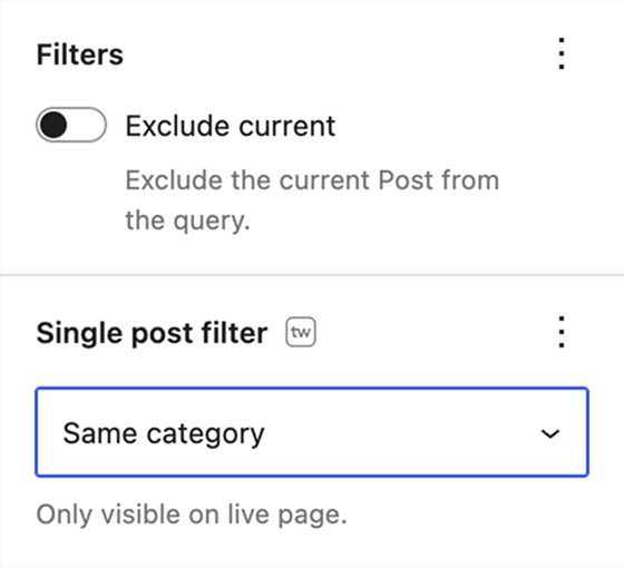 Query Loop settings with Exclude current disabled and Same category selected under Single post filter.