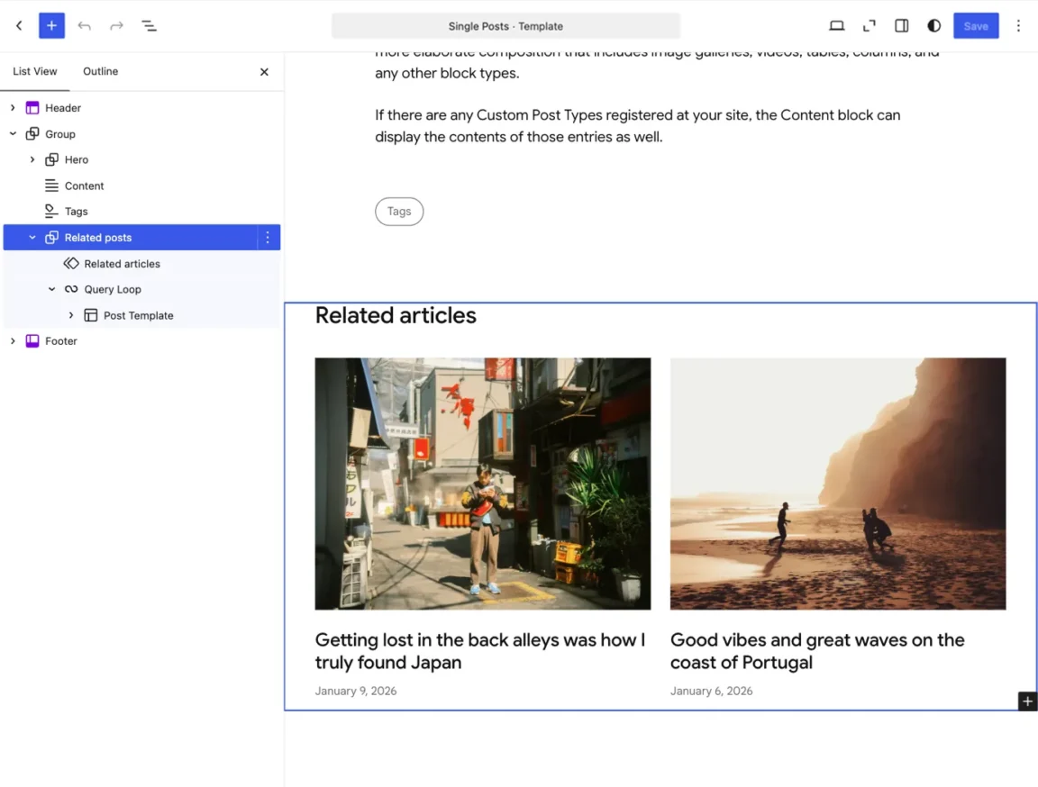 Two-column related articles section and its List View structure in the WordPress Single Posts template