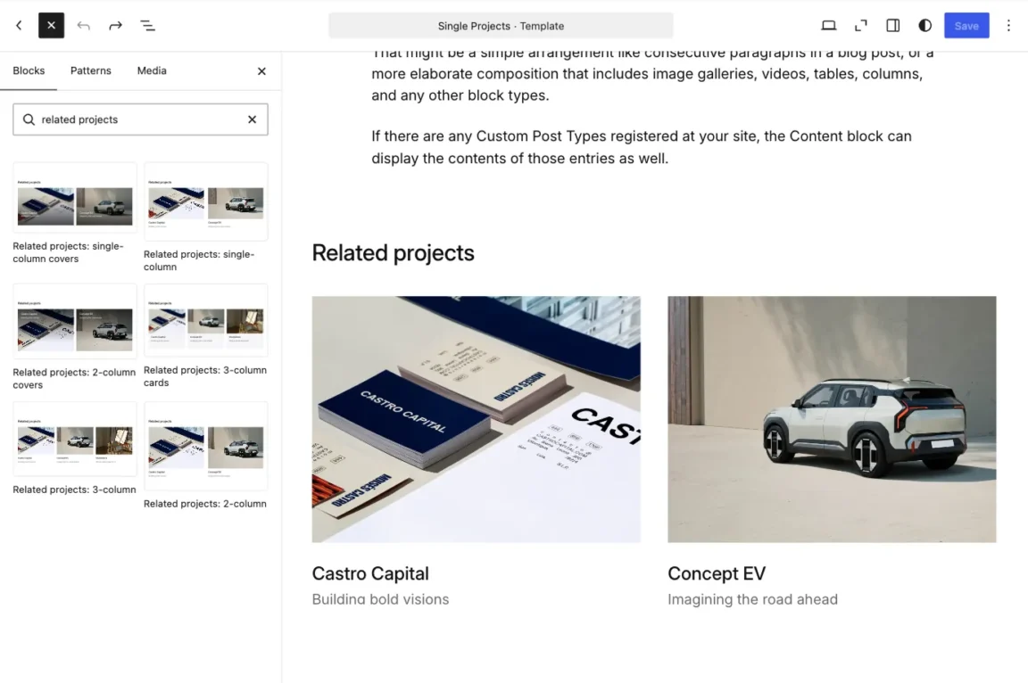 Related projects patterns and a two-column section in the WordPress Single Projects template.