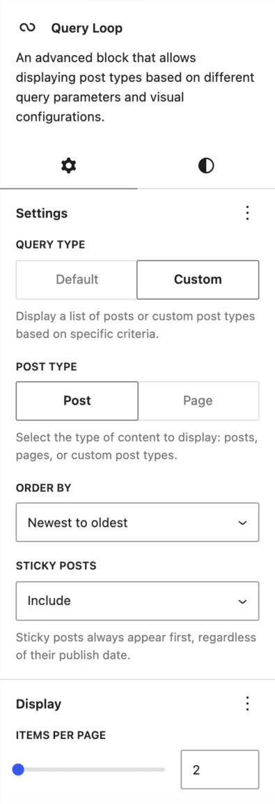 Query Loop settings with Custom query, Posts, newest-to-oldest order, sticky posts, and two items per page.