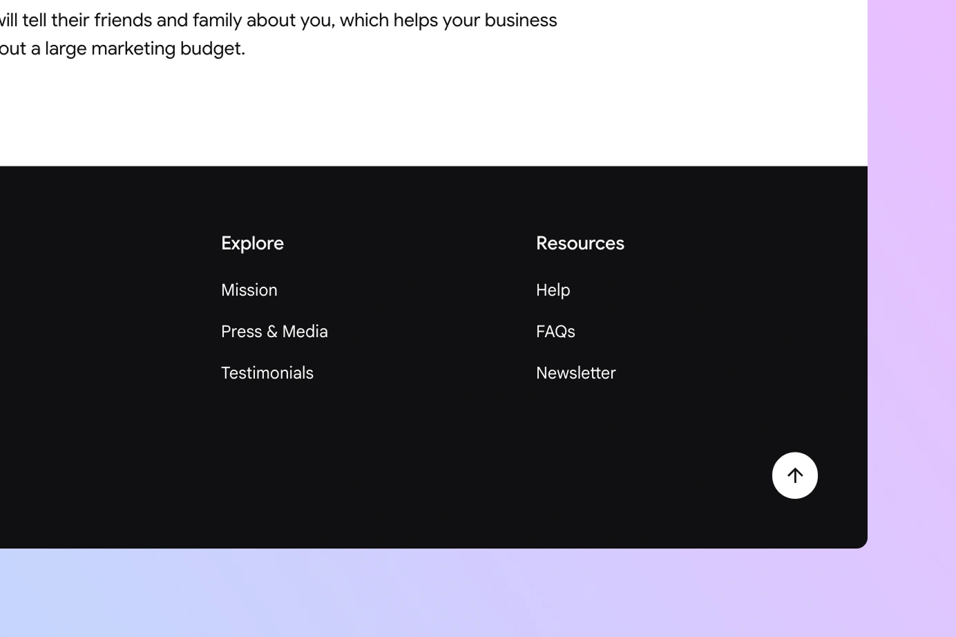 WordPress website footer with navigation links and a circular back to top button in the lower-right corner.