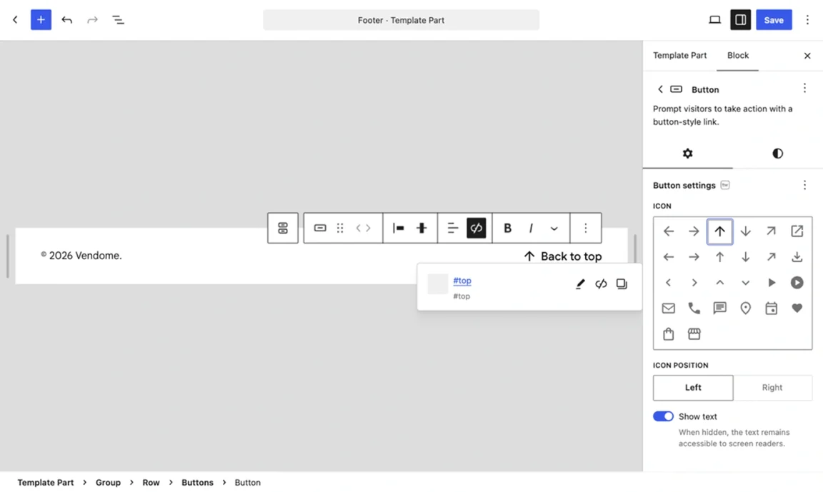 Twentig Button settings with an upward arrow selected and Show text turned on.