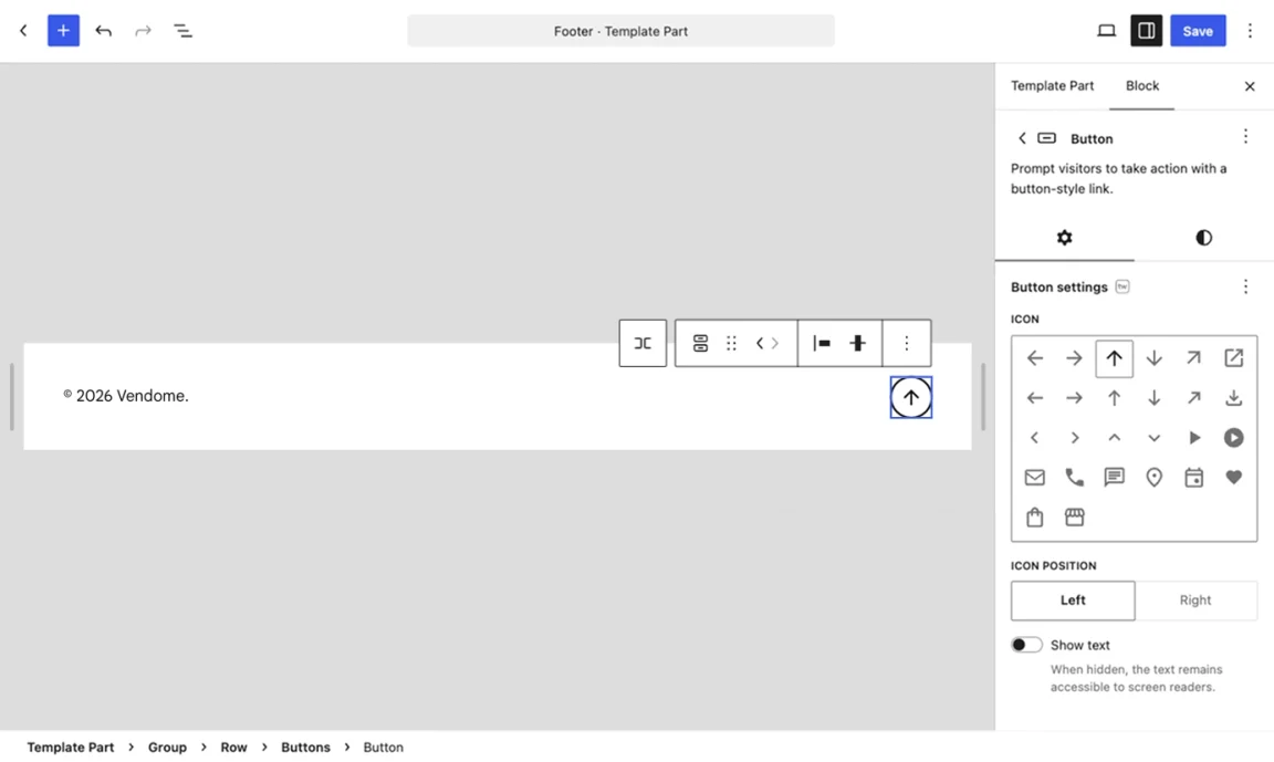 Twentig Button settings with Show text turned off and a circular button showing only an upward arrow.
