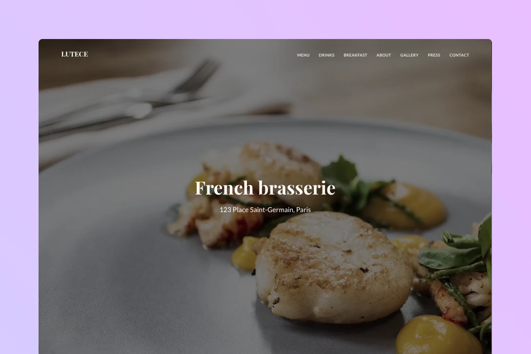Restaurant page using Twentig’s transparent header template over a full-screen hero cover image.