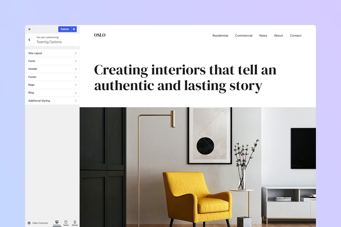 Twenty Twenty-One site preview with Twentig’s customization options open.