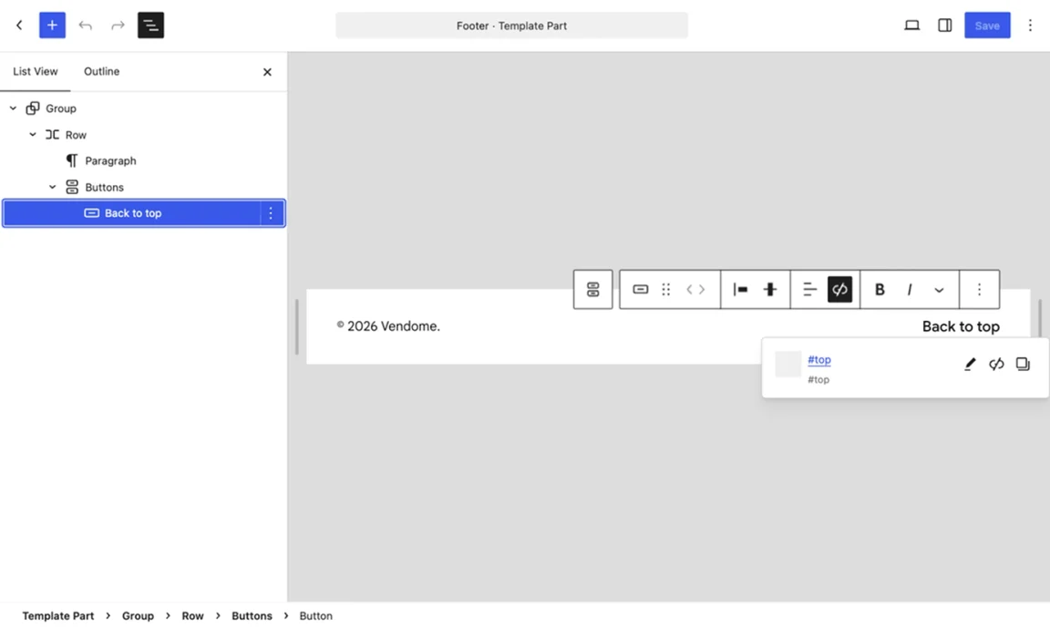 WordPress Site Editor showing a Back to top Button block in the Footer template part, linked to #top.