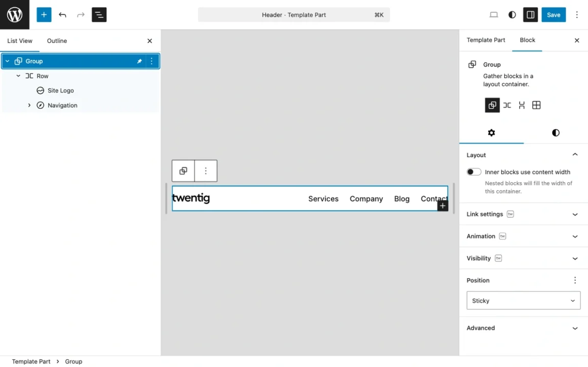 WordPress Site Editor showing the Group block Position setting changed to Sticky inside the Header template part.